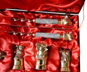 Набор для шашлыка из мрамора с чарками и с ножом дамасской стали, на 6 персон