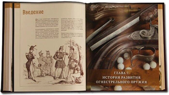 The leather-bound book "Encyclopedia of Weapons"