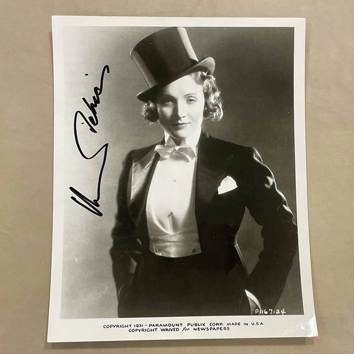 An autographed photo of actress Marlene Dietrich