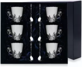 Набор чайных чашек из серебра "Тетерев" на 6 персон, с ложками