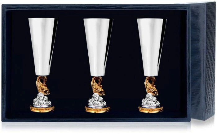 Set of silver glasses for Goldfish liqueur with gilding for 3 persons