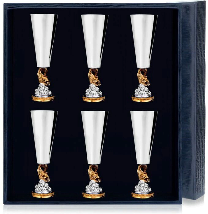 A set of silver glasses for "Goldfish" liqueur with gilding for 6 people