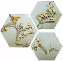 Триптих "Птицы на ветках сакуры" из полистоуна