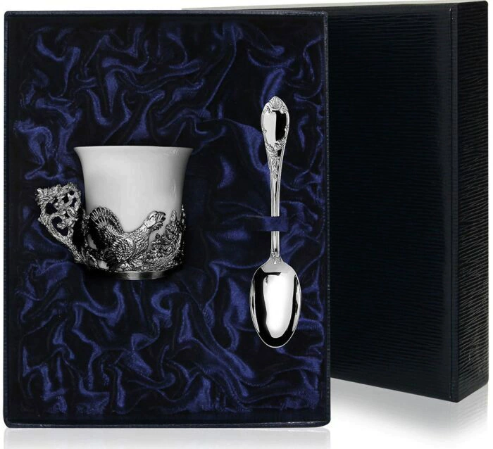 Silver Capercaillie coffee cup with spoon