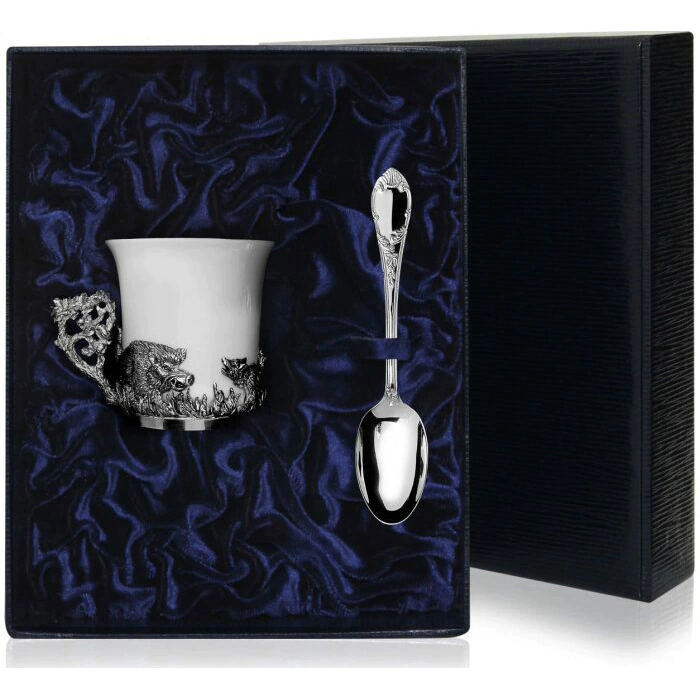 Silver coffee cup "Boar" with a spoon