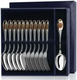 Серебряный столовый набор "Единство" с позолотой 12 предметов (ложки и вилки) Серебряный столовый набор "Единство" с позолотой 12 предметов (ложки и вилки)