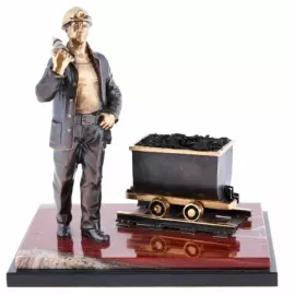 Статуэтка бронзовая "Шахтёр с вагонеткой" яшма