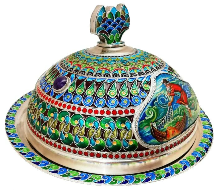 Икорница "Золотая рыбка. Невод" финифть