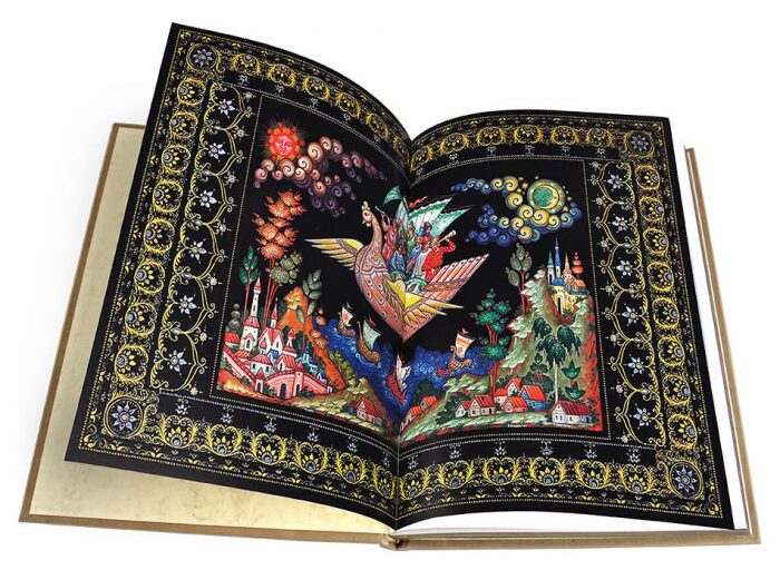 Книга в кожаном переплете "Русские народные сказки" (палех, мстёра, холуй) на английском