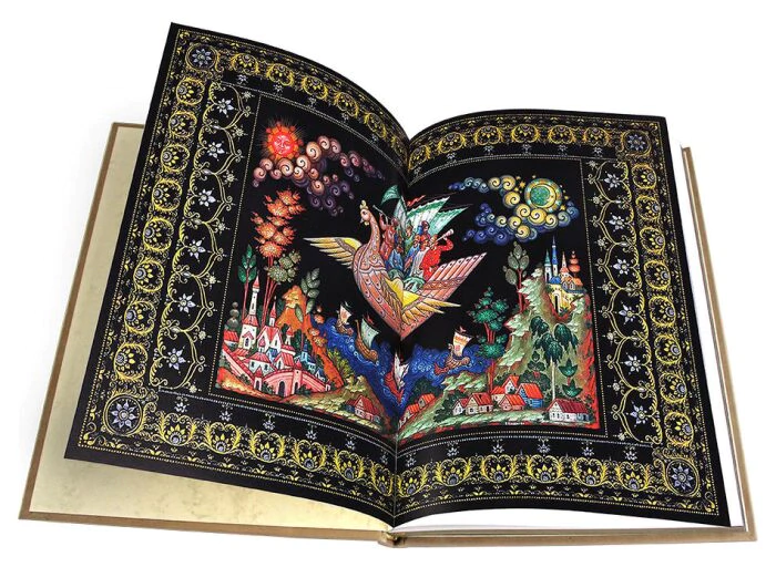 Leather-bound book "Russian folk tales" (palekh, mstera, kholui) in English