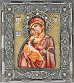 Владимирская икона Божией Матери с жемчугом, финифть Владимирская икона Божией Матери с жемчугом, финифть