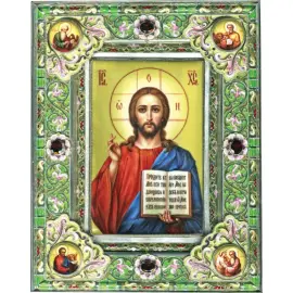 Икона "Спас Вседержитель" в зелёной рамке, финифть Икона "Спас Вседержитель" в зелёной рамке, финифть