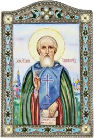 Икона "Сергий Радонежский" с навершием, финифть Икона "Сергий Радонежский" с навершием, финифть