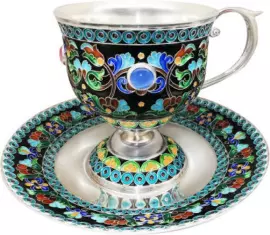 Серебряная чайная пара "Магнолия" финифть