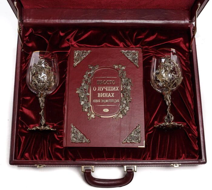 Leather-bound encyclopedia "Just about the best wines" in a set with glasses "Flower"