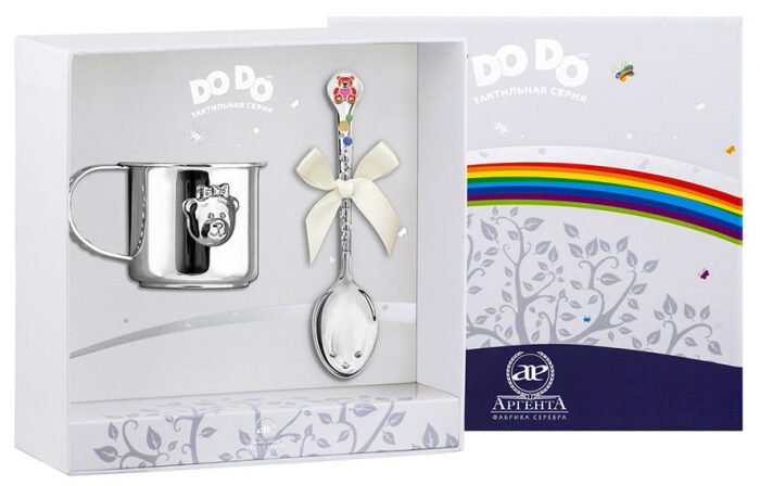 Набор детский серебряный DODO "Мишка - малышка" с эмалью, 2 предмета