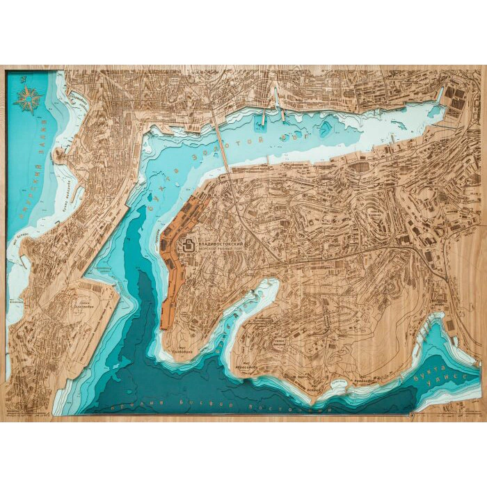 Map of the Golden Horn Bay (Vladivostok) made of wood, to order