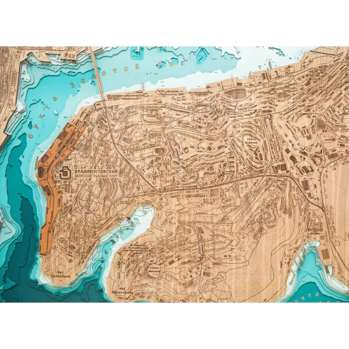 Map of the Golden Horn Bay (Vladivostok) made of wood, to order