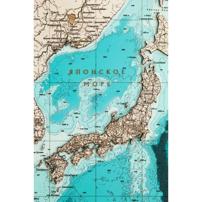 Magnetic map of the Northwestern Pacific Ocean made of wood, to order
