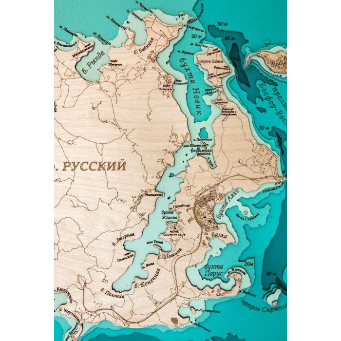 Карта острова залива Петра Великого из дерева, средняя, на заказ