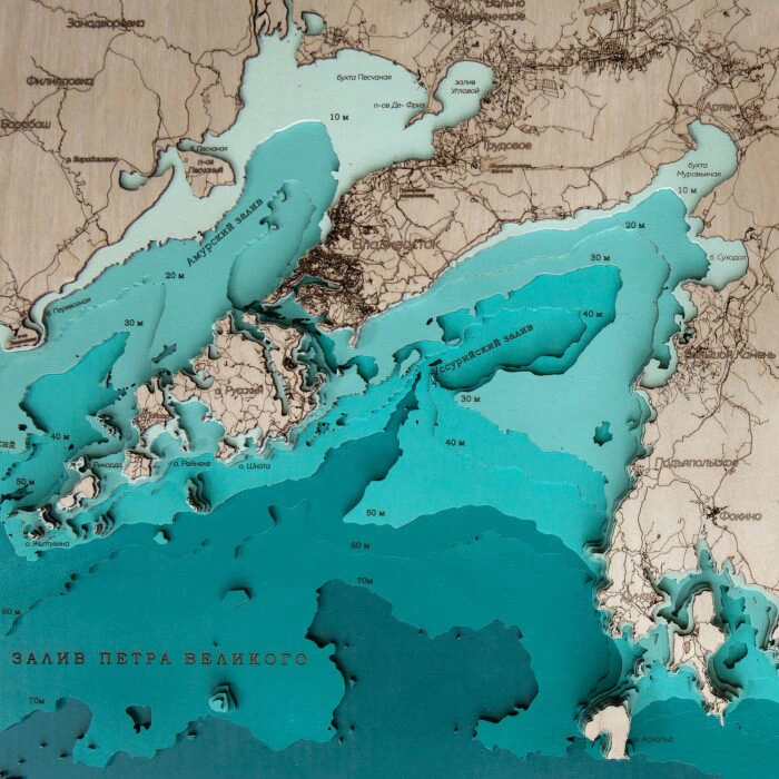 Map of the southern coast of Primorsky Krai made of wood, large, custom-made