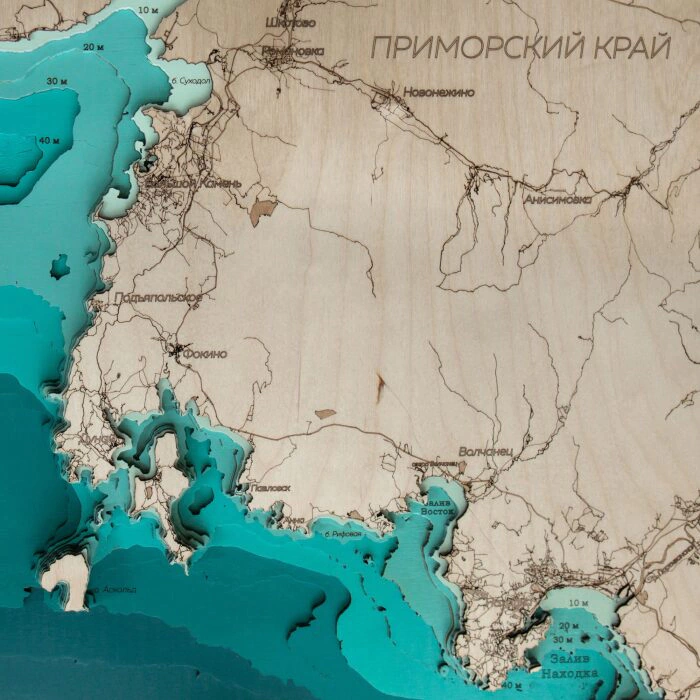 Map of the southern coast of Primorsky Krai made of wood, large, custom-made