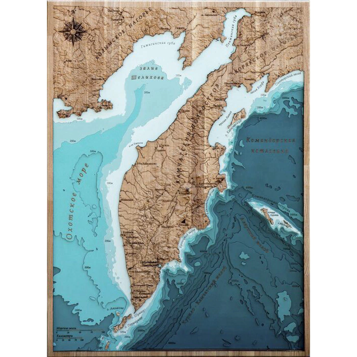 Map of the Kamchatka Territory, terrestrial relief, made of wood, large, custom-made