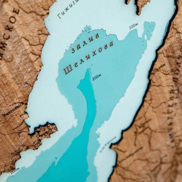 Map of the Kamchatka Territory, terrestrial relief, made of wood, large, custom-made