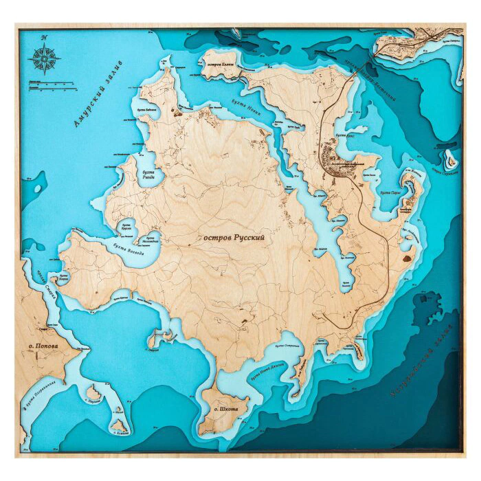 Russian island map made of wood, large, custom-made