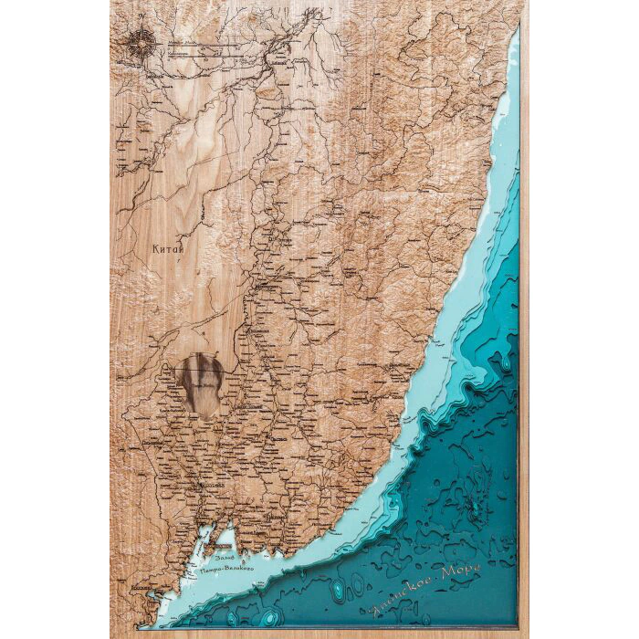 Map of Primorsky Krai, land relief, made of wood, to order