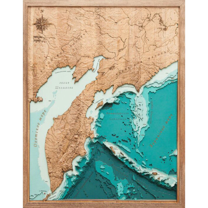 Map of the Kamchatka Territory, terrestrial relief, made of wood, to order
