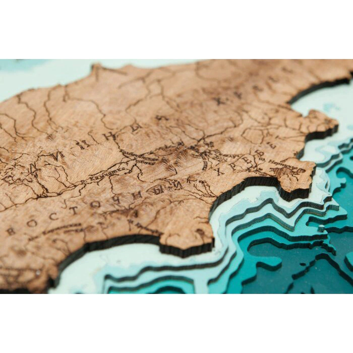 Map of the Kamchatka Territory, terrestrial relief, made of wood, to order
