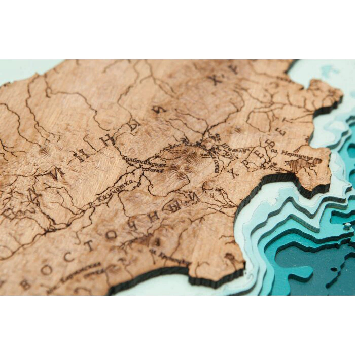 Map of the Kamchatka Territory, terrestrial relief, made of wood, to order