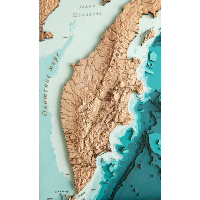 Map of the Kamchatka Territory, terrestrial relief, made of wood, to order