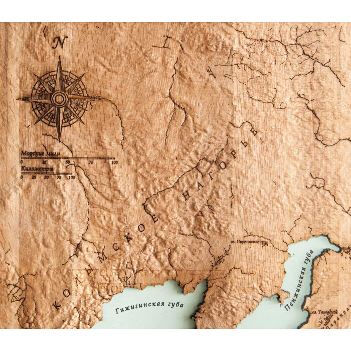 Map of the Kamchatka Territory, terrestrial relief, made of wood, to order