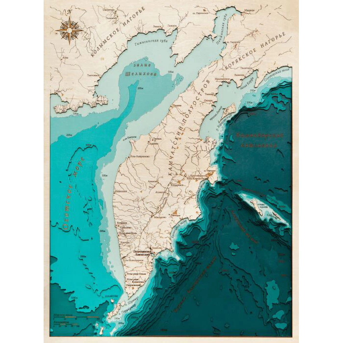 Map of the Kamchatka Territory made of wood, large, custom-made