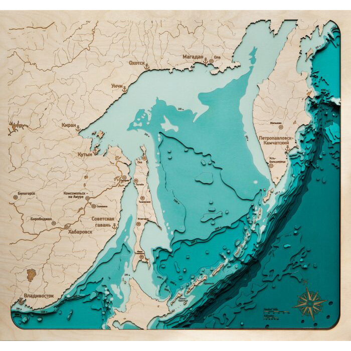 Map of the Sea of Okhotsk made of wood, to order