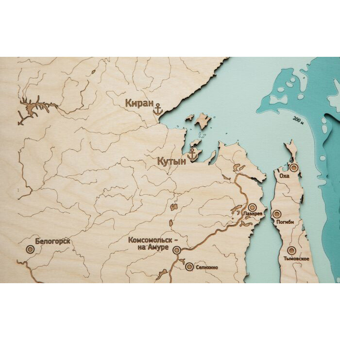 Map of the Sea of Okhotsk made of wood, to order