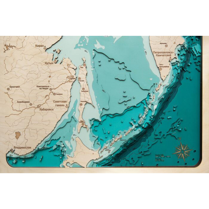 Map of the Sea of Okhotsk made of wood, to order
