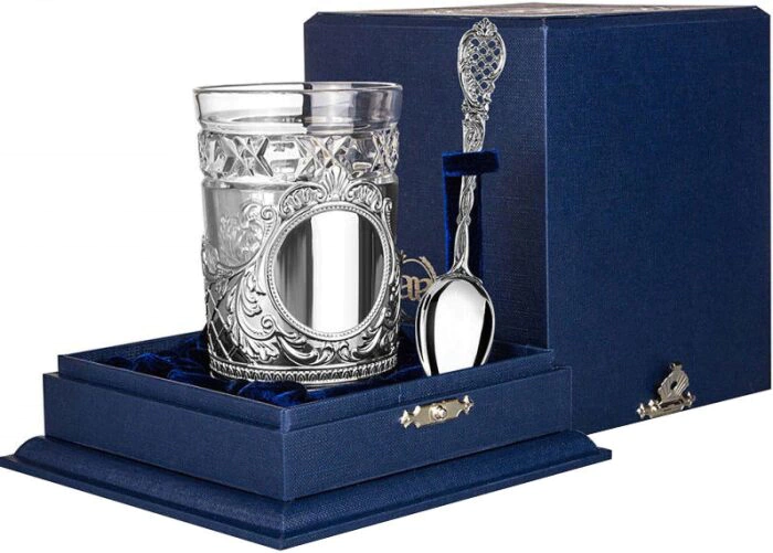 Baroque silver cup holder with blackening