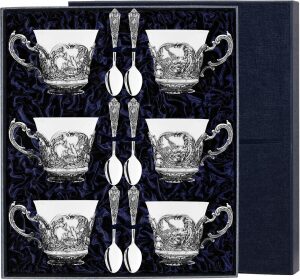 Set of silver tea cups "Royal Hunt": spoon, cup, for 6 people