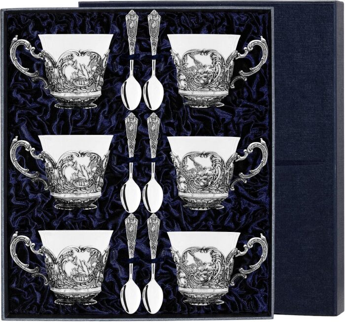 Set of silver tea cups "Royal Hunt": spoon, cup, for 6 people
