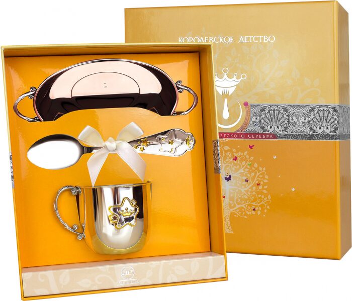 Набор детский серебряный КД "Звезда" с позолотой (3 предмета, с кружкой и блюдцем)