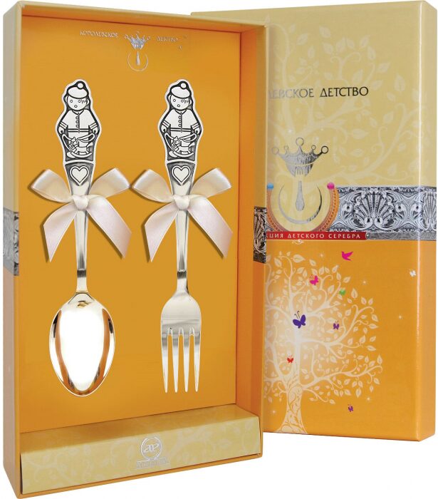 Набор детских серебряных столовых приборов КД "Мальчик" с чернением, 2 предмета