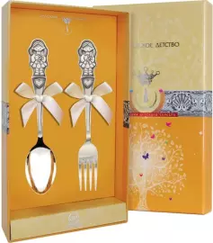 Набор детских серебряных столовых приборов КД "Девочка" с чернением, 2 предмета