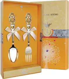 Набор детских серебряных столовых приборов КД "Девочка" с позолотой, 2 предмета