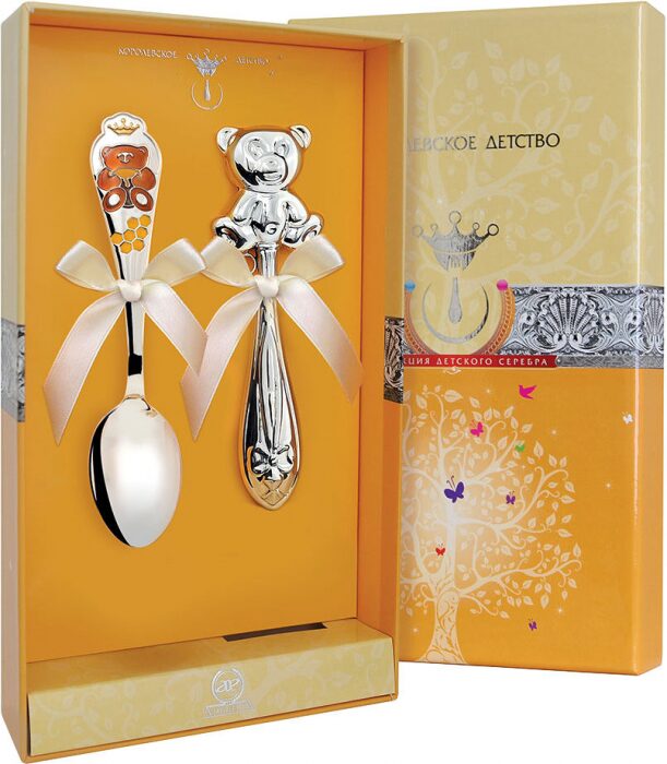 Набор серебряный для малышей КД "Медвежонок" с эмалью, 2 предмета