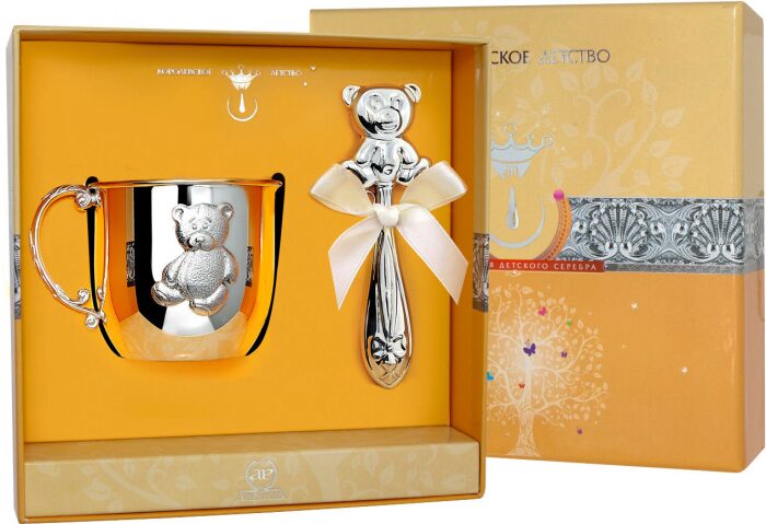 Набор серебряный для малышей КД "Медвежонок" (2 предмета, с кружкой)