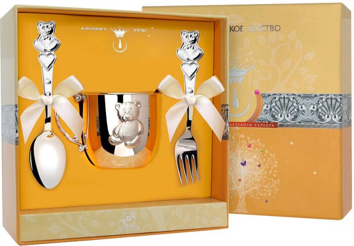 Набор детский серебряный КД "Мишка" (3 предмета, с кружкой)