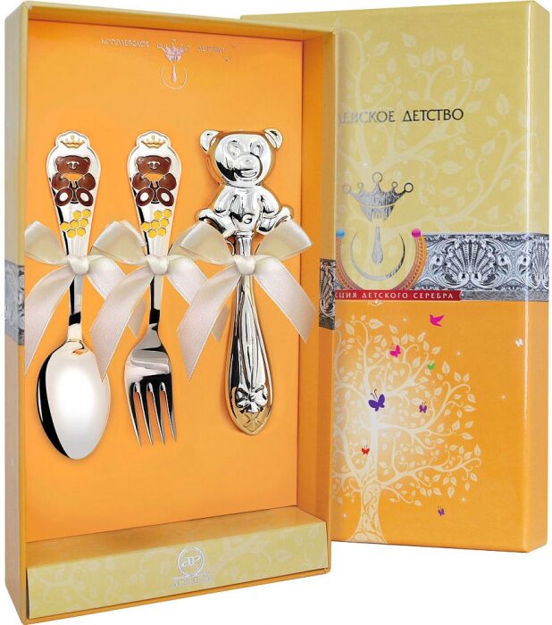 Набор серебряный для малышей КД "Мишка" с эмалью, 3 предмета